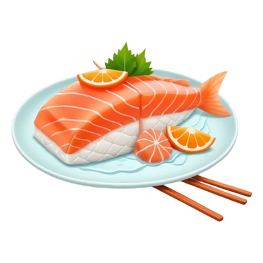 Cute Kawaii Sashimi Slice, delicate and fresh, bright orange salmon with soft pastel textures, an adorable happy face, tiny chopsticks lifting it, gentle glowing highlights! sticker
