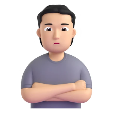 Asian man in a gray shirt with a frown sticker