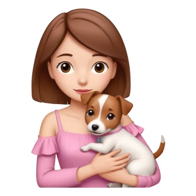 Joven mujer pelo marron vestida de rosado abrazando a su perro color beige crema que es un estilo de jack russel sticker