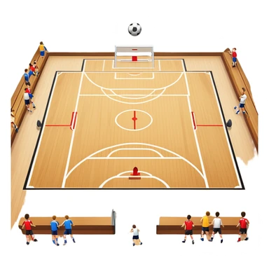 A mini-football match in an indoor sports hall with a wooden floor and clear court markings. The scene captures players in action, with the ball moving towards the goal, and the surrounding bleachers and overhead lights adding to the atmosphere of a competitive game. sticker