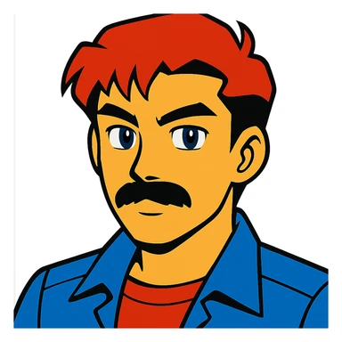 asian man with black mustache and red hair, 90's anime style, vibrant toon style sticker