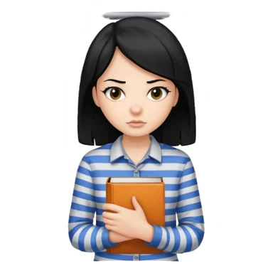 girl with black hair behind bars holding a book, casual shirt top sticker