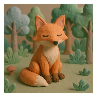 fox sitting in a forest, pastel colors, visible fingerprints, playful and textured, claymation style sticker