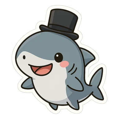 a cute cartoon shark with a black top hat, smiling sticker