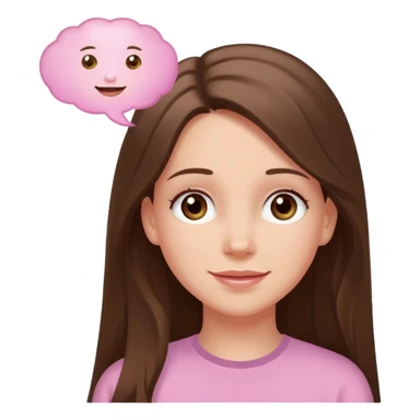 happy white long brunette hair girl with hazel eyes in light pink with a thought bubble sticker