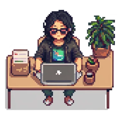 Asian freelancer with black hair and sunglasses, working at a laptop, pixel art style sticker