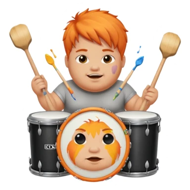 A chubby orange hair fan pounding a bass drum, cheeks puffing with energy with paints on his cheeks sticker