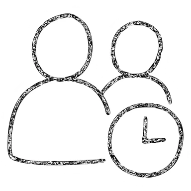 ultra-minimalist hand-drawn outlined icon of two figures with a small time symbol, worn and distressed style sticker