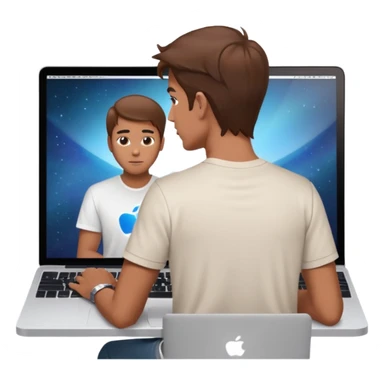 A man seen from behind, with detailed, well-lit hair. He is sitting in front of an open MacBook on a desk. On the MacBook screen, the Instagram logo is clearly visible and glowing.  sticker