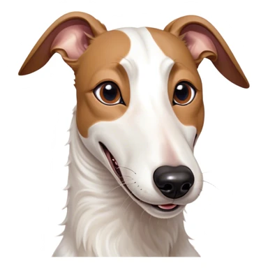 Cinematic Comical White and Brown Greyhound Portrait Emoji, Head tilted dramatically with an exaggeratedly amused expression, featuring a striking white Fur with dynamic brown accents, wide, expressive eyes filled with playful disbelief, Simplified yet hilariously expressive features, highly detailed, glowing with a slightly sassy glow, high shine, dramatic yet playful, stylized with an air of cheeky mischief, bright and endearing, soft glowing outline, capturing the essence of a spirited and over-the-top racer, so meme-worthy it feels like it could side-eye its way into internet fame instantly! sticker