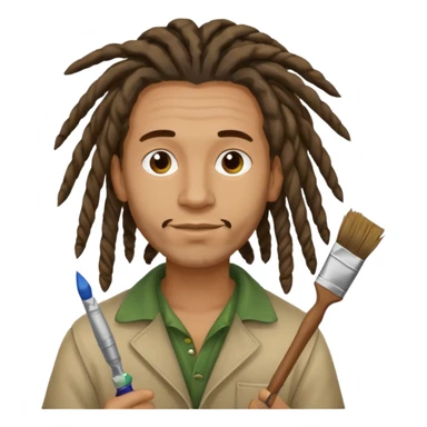 man artist with dreadlock, holding painter sticker