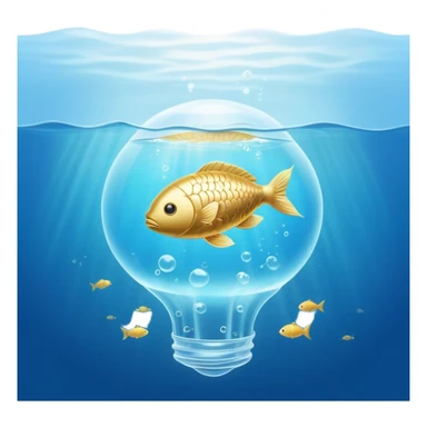Golden capsule floating in gentle blue water currents, with a translucent fish swimming around a glowing brain. Soft light waves emanating from the brain creating a calming effect. The scene has an ethereal, dreamlike quality. sticker