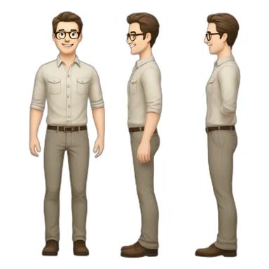 Joyful Full height Pale skinned Fit Man With dark brown hair in gray jacket, beige office shirt, Brown pants and vintage glasses. His thrumbs up sticker