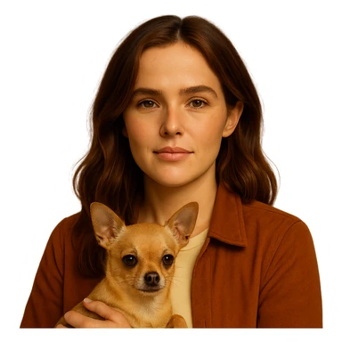 Portrait centered for Instagram profile picture inspired by facial features visible in the reference images of Zoe Deutch, with tanned skin, subtle freckles, wearing a shirt color #FFF8CA and a rust-colored jacket, medium-length brown hair with auburn highlights, soft and soothing expression, holding an expressive and cute beige-brown chihuahua. Style inspired by a Netflix series, intimate and expressive atmosphere inspired by Tenerife, transparent background. sticker