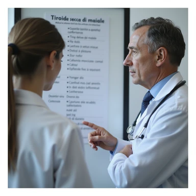 hyperrealistic 4K image of a woman discussing with a doctor, pointing at the text 'Tiroide secca di maiale' on a medication list, clinical environment, serious expressions sticker