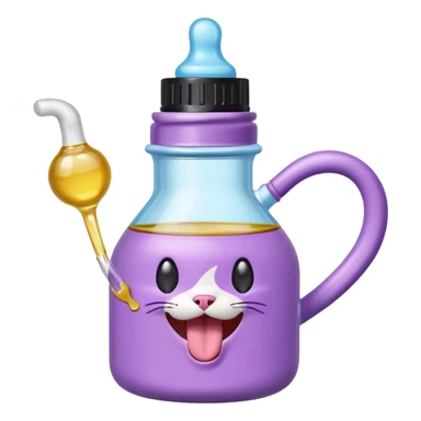 Smiling bottle of oil light purple top and light blue sticking tongue out and with cat ears sticker