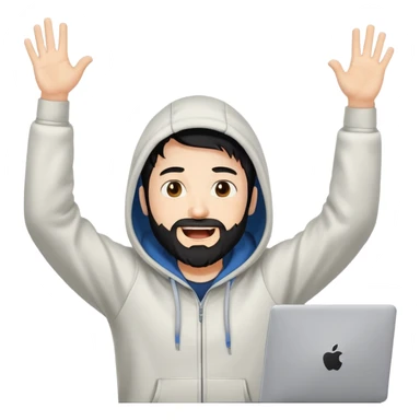 male coder with black hair, beard, and white skin, wearing a hoodie, excitedly raising arms in celebration after solving a coding problem, computer in front of him sticker