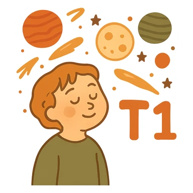 Make the T1 text much larger, keep the space theme, and make the background transparent. sticker