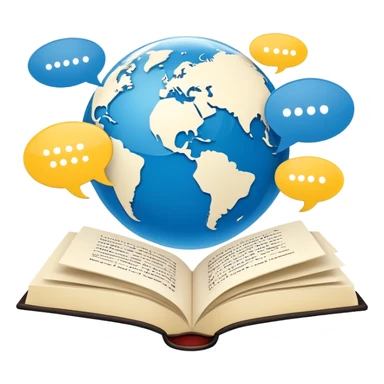 An icon showing a globe surrounded by speech bubbles with greetings in different languages, like 'Hello,' 'Hola,' and 'Bonjour.' The design includes an open book and a quill, symbolizing learning and communication. Transparent background emphasizes global connection through language. sticker