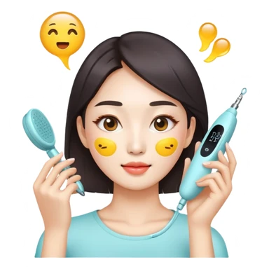 bright and healthy Korean woman pressing beauty device on face, emoji style sticker