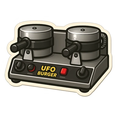 Create a cool emoji of the UFO Burger product in a metallic cartoon style. Include the recognizable double press machine with the 'UFO BURGER' label. Make the emoji compact, bold, and emoji-like with a clean outline and a touch of shine, preserving the metallic look and cartoon charm. sticker
