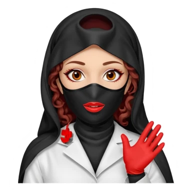 


Scary woman scalpel in hand, evil surgeon sexy surgeon clothes.  She has redcolored  eyes. Her  hair only is free ne brown long curly hair. Wears sexy doctor outfit with red gloves. make her wear full Muslim burka to mask and nose mouth mask  to hide. Wears white surgeon coat, wears  stilettos sticker