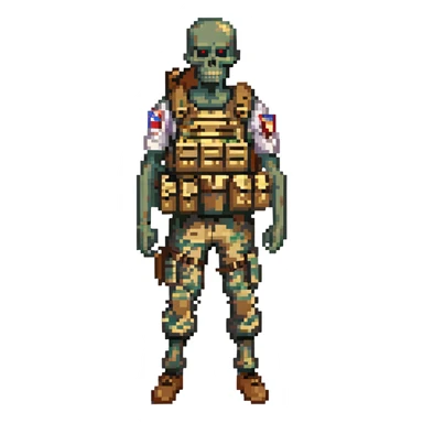 A zombie undead soldier, he has a bdu camouflaged uniform with a tan plate carrier, undead, leaned over posture, zombie, partially skeleton sticker