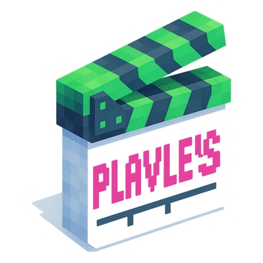 voxel style movie clapperboard with the text 'PLAVLEYS', neon green lid, white body, isometric view sticker