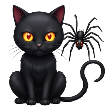 A sleek black cat with glowing eyes, poised to strike a hairy spider sticker