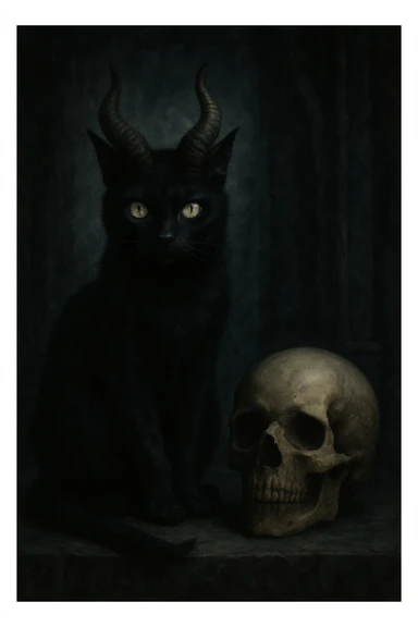 A black cat with prominent demon horns perched beside a human skull, mysterious and gothic, dark and atmospheric sticker