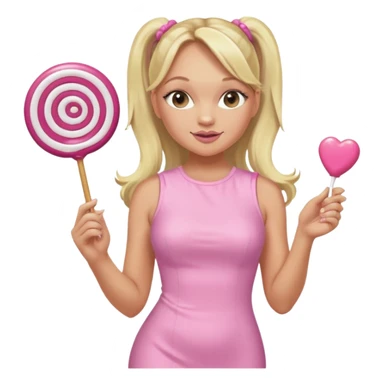 Emma Bunton with long blonde ponytails wearing light pink bodycon dress holding a lollipop sticker