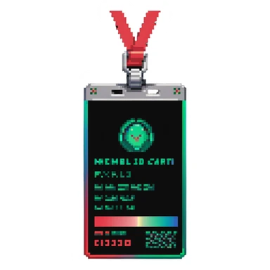 Member ID card with green to red gradient holographic effect and pixel art design sticker