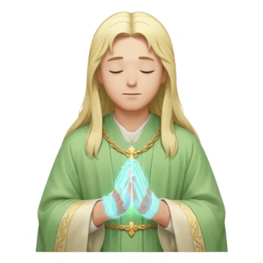 a young bishop, long blonde hair, light green wide, flowing outer robe. hands clasped together, eyes closed. Soft light, subtle fern. Waist-up, profile. sticker