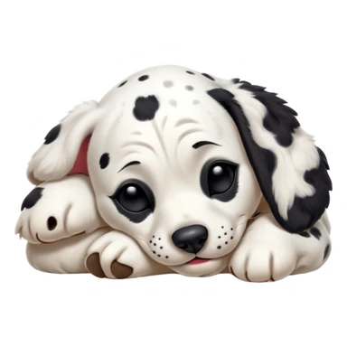 Meme-Worthy Cute Sleeping Spotted Dalmatian Portrait Emoji, Head resting peacefully with a contented smile, showcasing a delightfully majestic build and a luxuriously soft Fur of predominantly white with bold black patches, eyes shut in a serene nap, Simplified yet hilariously adorable features, highly detailed, glowing with a soft, drowsy light, high shine, relaxed and utterly lovable, stylized with an air of playful laziness, bright and heartwarming, soft glowing outline, capturing the essence of a comically sleepy guardian, so meme-worthy it feels like it could instantly become the next viral sensation of adorable slumber! sticker
