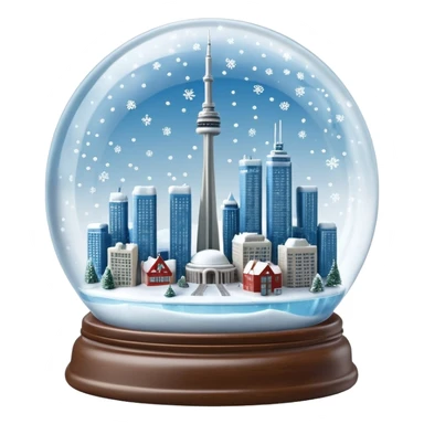 A beautiful hyperrealistic Glass Snow globe, with a miniature Toronto City showing the CN tower, the highways and the frozen lake, all within the beautiful global, full of snow, expressing  a snow storm in ontario.  Isolated, 3D render  sticker
