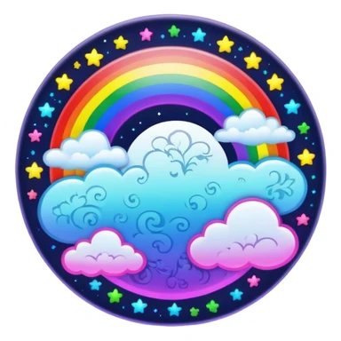 Beveled button with Neon rainbow colored damask style full moon with stars and clouds in the center sticker