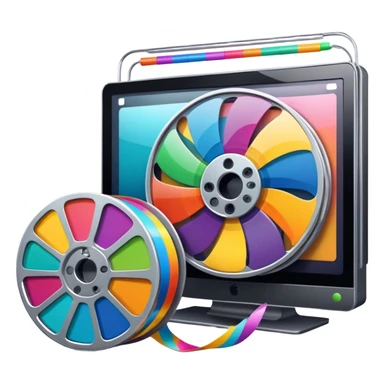 Create a vibrant and modern icon representing Animation and Motion Design, featuring elements like a film reel with Rolling colorful film, a computer screen, and dynamic motion lines.  The design should be visually engaging, colorful, and dynamic, without any emojis. The background is transparent. sticker