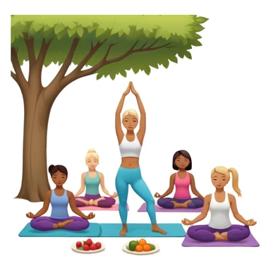 A person moves through a gentle yoga pose in the morning sun, one hand reaching up, the other near a plate of vibrant whole foods and a bottle of water. A cozy bed sits behind them, glowing softly. Nearby, a small group of friends laughs together under a tree—health, movement, nourishment, rest,  sticker