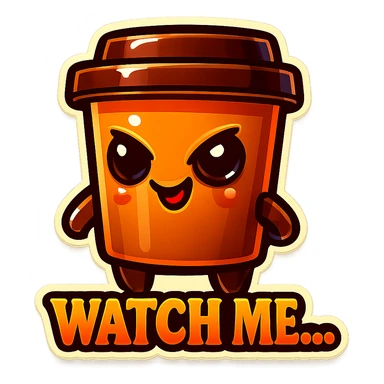 Tall coffee cup, mischievous eyes, "Watch me..." sticker