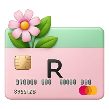 Pale Pink and green cute credit card, flowers growing around it , clean aesthetic, letter R on it sticker