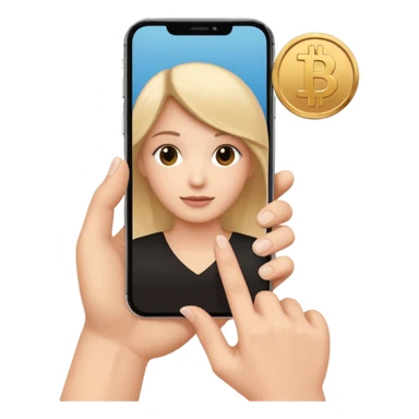 hand holding a phone showing a play icon and coin sticker