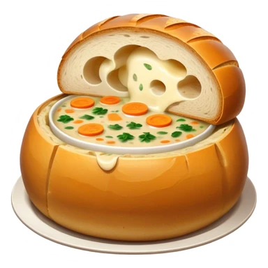 Żurek Cinematic Realistic Żurek Soup Dish Emoji, depicted as a tangy rye soup served inside a hollowed-out round loaf of bread, rendered with rich textures and dynamic, comforting lighting. sticker