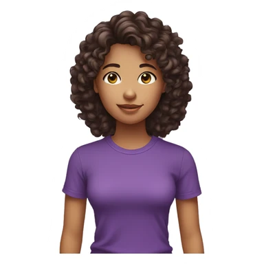 a girl with mid large dark brown curly hair and a purple tshirt sticker