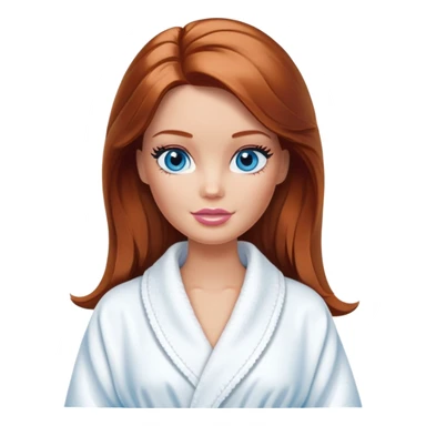 Barbie's face eyes blue with shoulder-length reddish-brown hair, makeup, cream smeared on her face , in a bathrobe with sticker