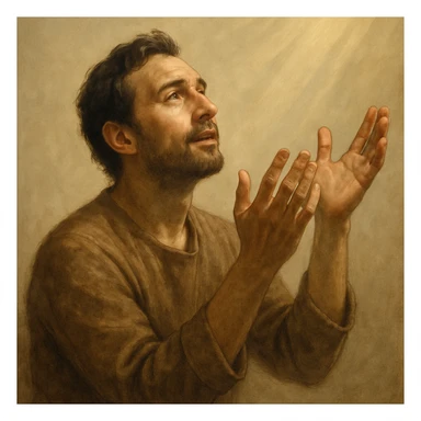 a man praying to God, hands raised, hopeful expression, subtle rays of light, minimal background sticker