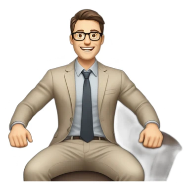 Joyful Celebrating victory Hands up Pale skinned Fit Man With dark brown hair in gray jacket, beige office shirt, Brown pants and vintage glasses sitting In a soft chair sticker
