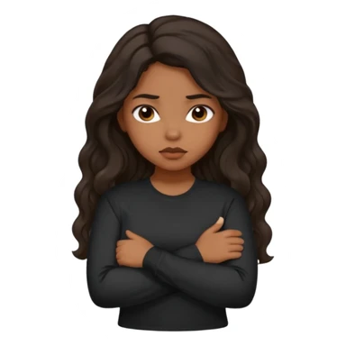 Hispanic girl with dark long wavy hair crossing her arms while pouting and wearing a black long sleeve shirt sticker