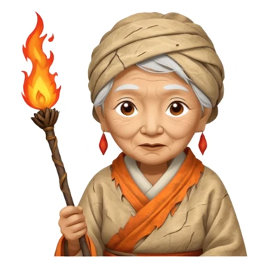 ancient asian old woman, tattered leaf cloth, hold fire stick sticker