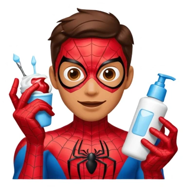 Spiderman doing his skin care routine, applying cream, playful and lighthearted sticker
