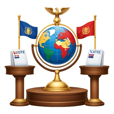 icon featuring podium with a speaker, national flags, and voting ballots, symbolizing political science. The design includes a globe and scales of justice in the background, representing governance, global affairs, and political theory. Transparent background emphasizes civic engagement and policy. sticker